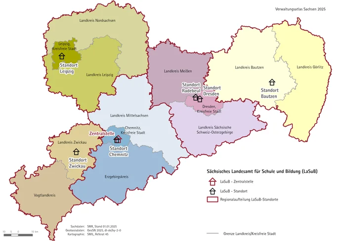 Karte mit eingezeichneten Dienststellen und Standorten des Landesamtes für Schule und Bildung (LaSuB) in Bautzen, Chemnitz, Dresden, Leipzig, Radebeul und Zwickau sowie den Regionalbezirken der Landkreise und kreisfreien Städte.